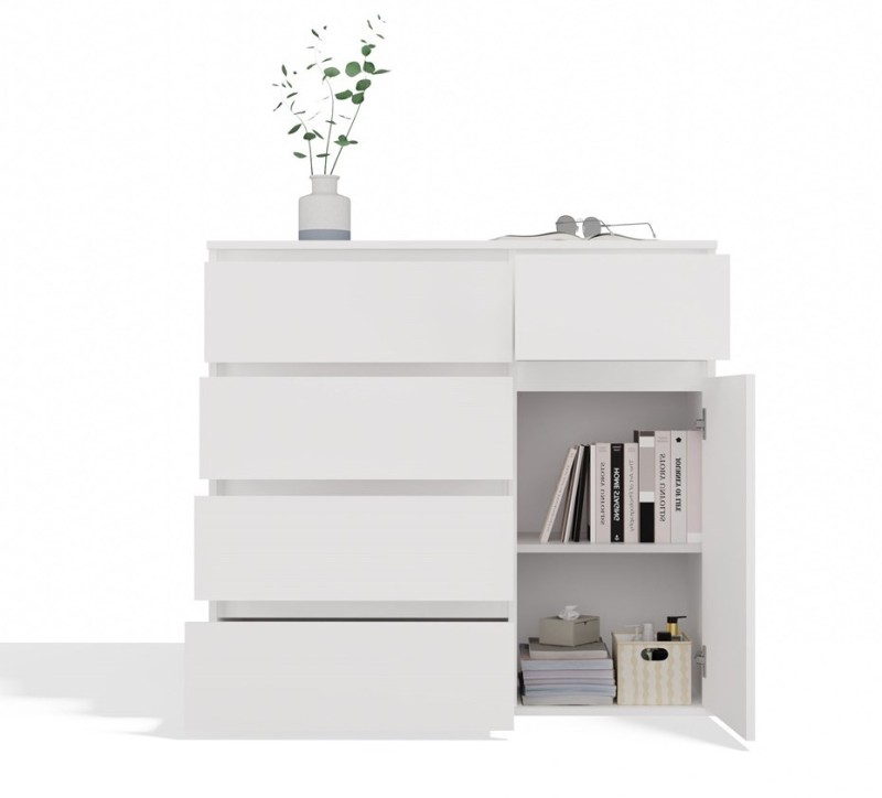 Komoda Malwa 1D5S jednodrzwiowa z 5 szufladami do salonu 100 cm biały