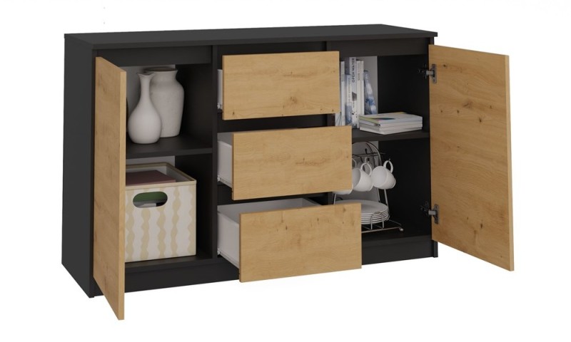 Komoda Malwa 2D3S dwudrzwiowa z 3 szufladami do salonu 120 cm antracyt/dąb artisan