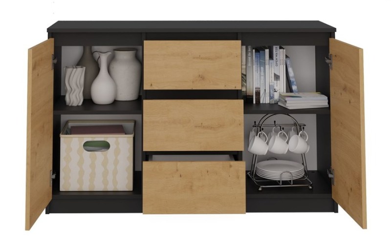 Komoda Malwa 2D3S dwudrzwiowa z 3 szufladami do salonu 120 cm antracyt/dąb artisan