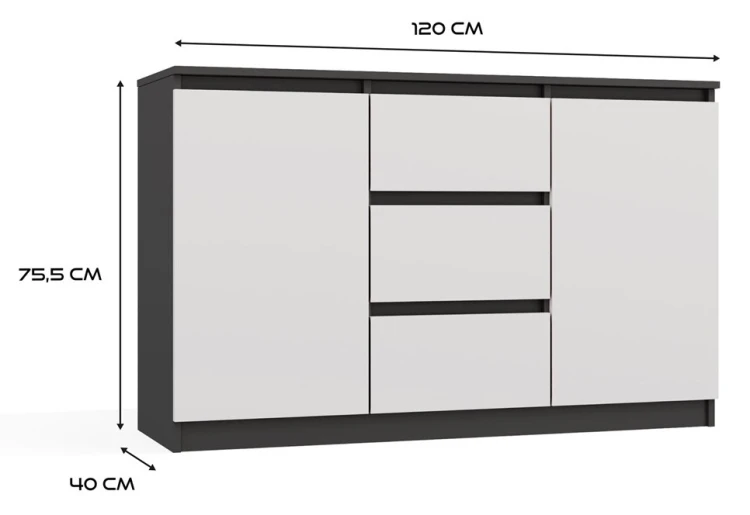 Komoda Malwa 2D3S dwudrzwiowa z 3 szufladami do salonu 120 cm antracyt/biały
