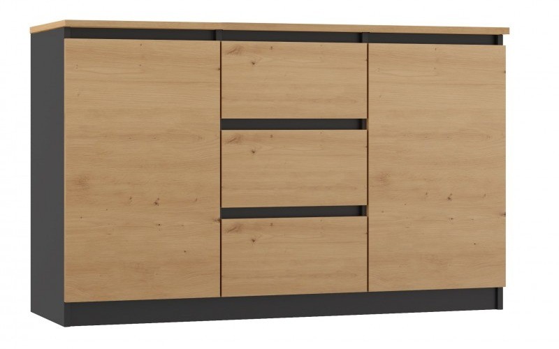 Komoda Malwa 2D3S dwudrzwiowa z 3 szufladami do salonu 120 cm antracyt/dąb artisan/blat dąb artisan