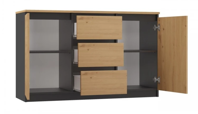 Komoda Malwa 2D3S dwudrzwiowa z 3 szufladami do salonu 120 cm antracyt/dąb artisan/blat dąb artisan