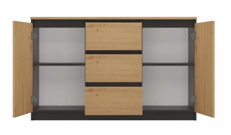 Komoda Malwa 2D3S dwudrzwiowa z 3 szufladami do salonu 120 cm antracyt/dąb artisan/blat dąb artisan