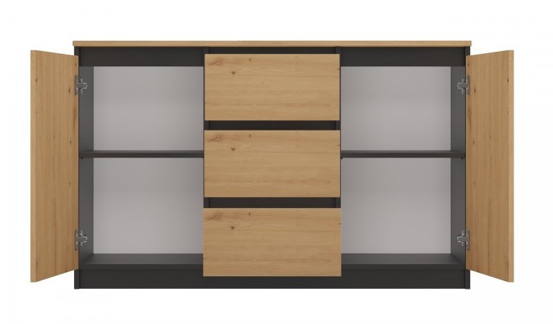 Komoda Malwa 2D3S dwudrzwiowa z 3 szufladami do salonu 120 cm antracyt/dąb artisan/blat dąb artisan
