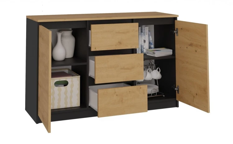 Komoda Malwa 2D3S dwudrzwiowa z 3 szufladami do salonu 120 cm antracyt/dąb artisan/blat dąb artisan