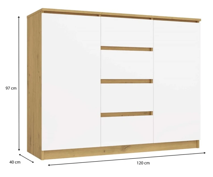 Komoda Malwa 2D4S dwudrzwiowa z 4 szufladami do salonu 120 cm dąb artisan/biały
