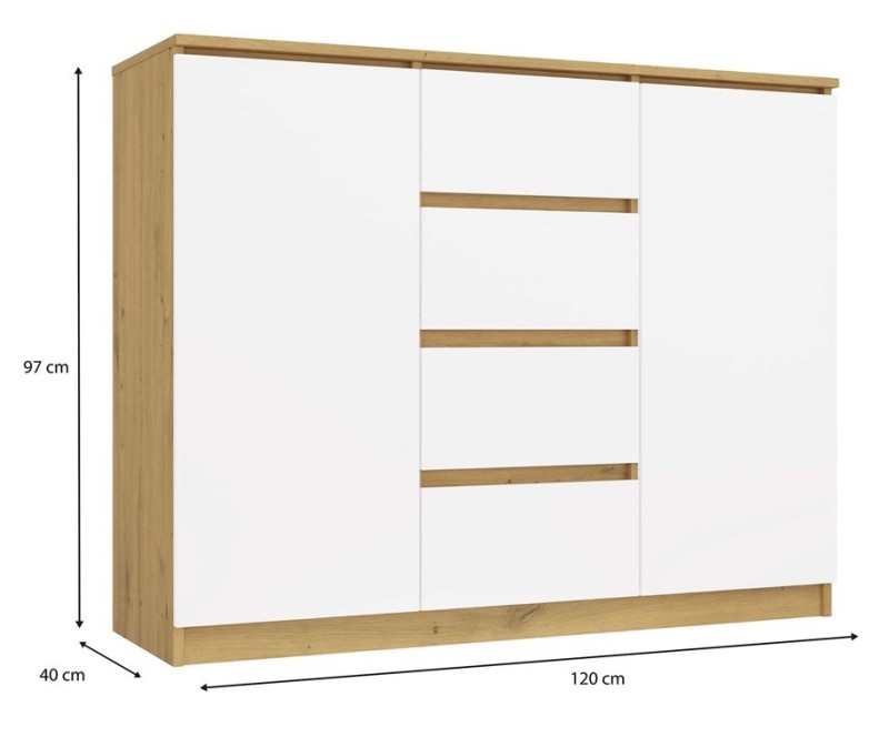 Komoda Malwa 2D4S dwudrzwiowa z 4 szufladami do salonu 120 cm dąb artisan/biały