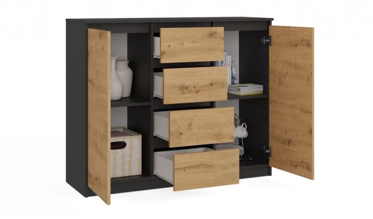 Komoda Malwa 2D4S dwudrzwiowa z 4 szufladami do salonu 120 cm antracyt/dąb artisan