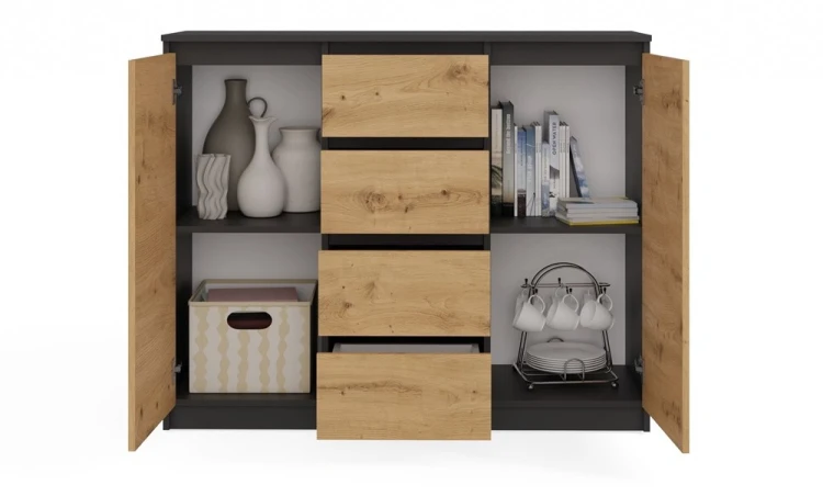 Komoda Malwa 2D4S dwudrzwiowa z 4 szufladami do salonu 120 cm antracyt/dąb artisan