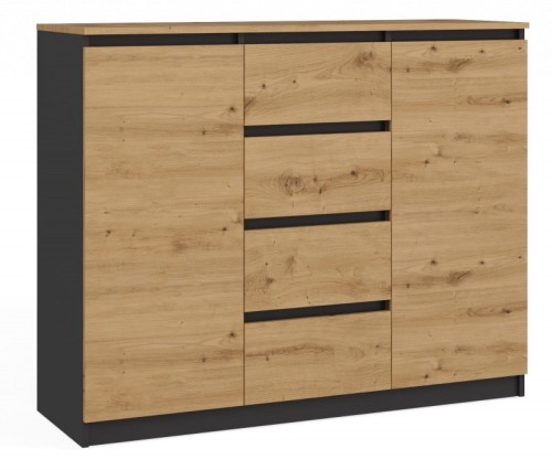 Komoda Malwa 2D4S dwudrzwiowa z 4 szufladami do salonu 120 cm antracyt/dąb artisan/blat dąb artisan