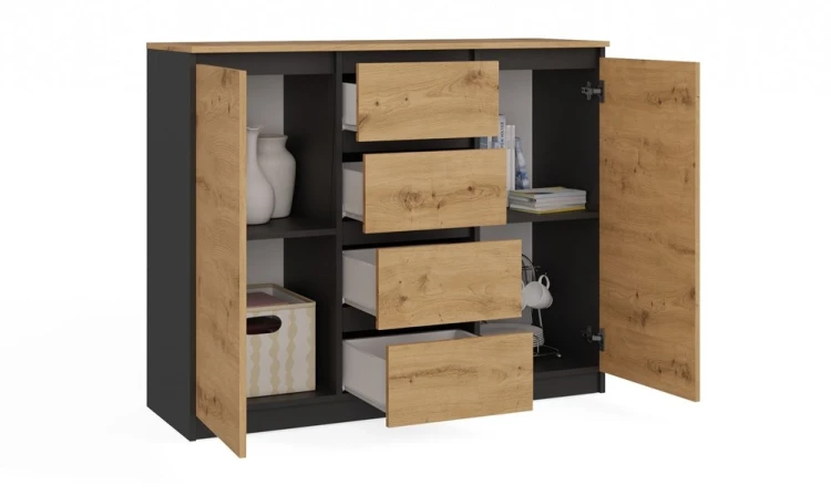 Komoda Malwa 2D4S dwudrzwiowa z 4 szufladami do salonu 120 cm antracyt/dąb artisan/blat dąb artisan