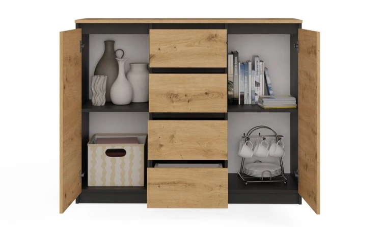 Komoda Malwa 2D4S dwudrzwiowa z 4 szufladami do salonu 120 cm antracyt/dąb artisan/blat dąb artisan