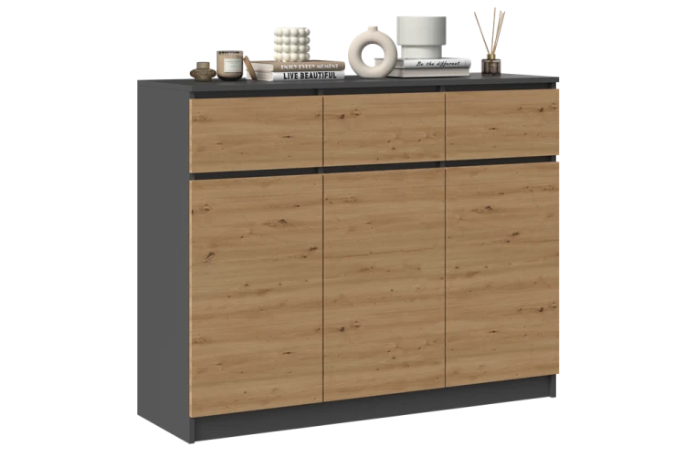 Komoda Malwa 3D3S trzydrzwiowa z 3 szufladami do salonu 120 cm antracyt/dąb artisan