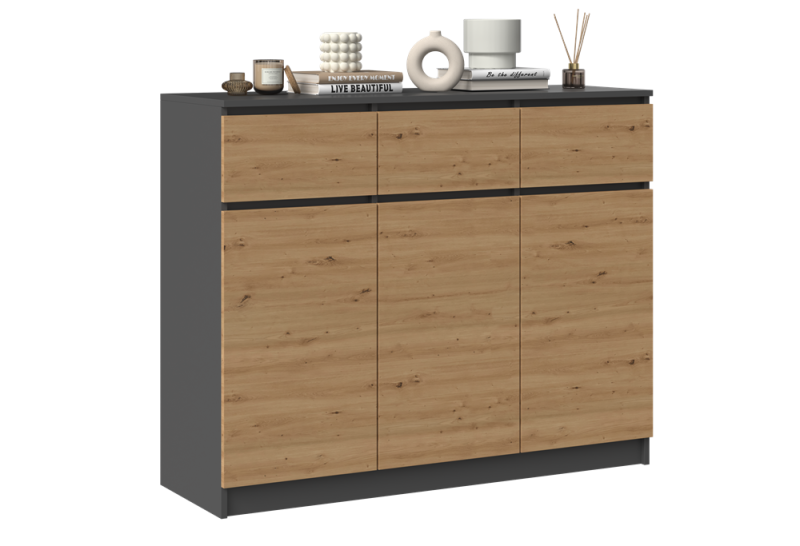 Komoda Malwa 3D3S trzydrzwiowa z 3 szufladami do salonu 120 cm antracyt/dąb artisan