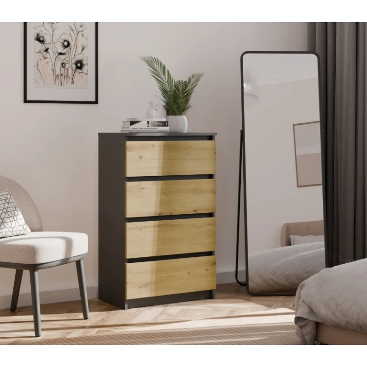 Komoda Malwa M4 z szufladami do salonu 70 cm antracyt/dąb artisan