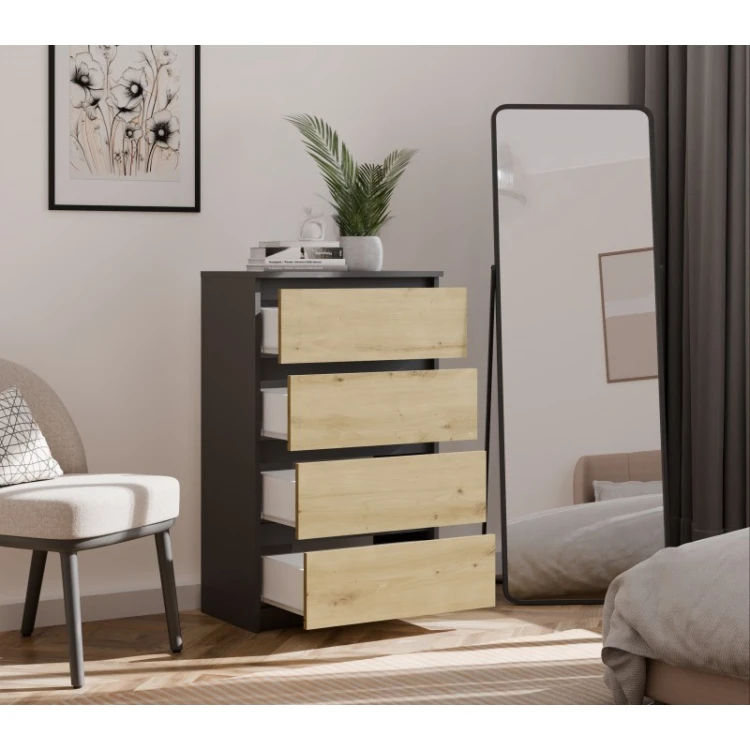 Komoda Malwa M4 z szufladami do salonu 70 cm antracyt/dąb artisan