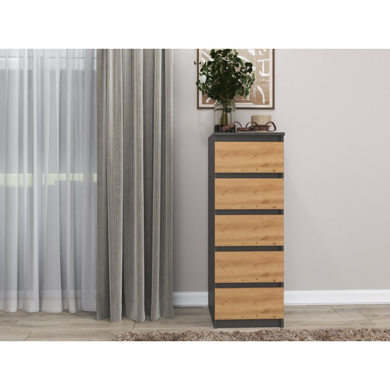 Komoda Malwa W5 wysoka z szufladami do salonu 40 cm antracyt/dąb artisan
