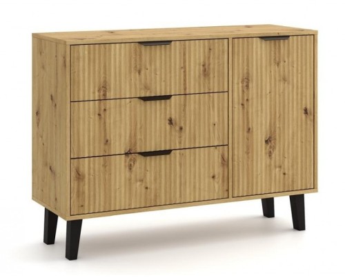 Komoda Scandi 1D3S Slim z szufladami i ryflowanymi frontami do salonu 110 cm dąb artisan