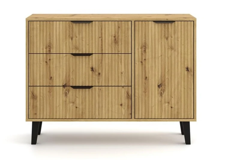 Komoda Scandi 1D3S Slim z szufladami i ryflowanymi frontami do salonu 110 cm dąb artisan