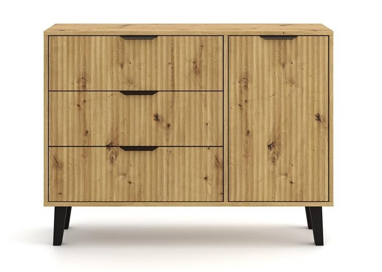 Komoda Scandi 1D3S Slim z szufladami i ryflowanymi frontami do salonu 110 cm dąb artisan