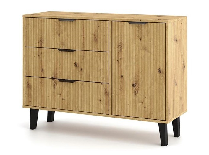 Komoda Scandi 1D3S Slim z szufladami i ryflowanymi frontami do salonu 110 cm dąb artisan