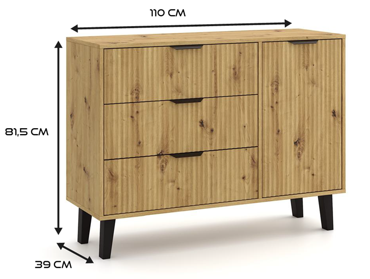 Komoda Scandi 1D3S Slim z szufladami i ryflowanymi frontami do salonu 110 cm dąb artisan