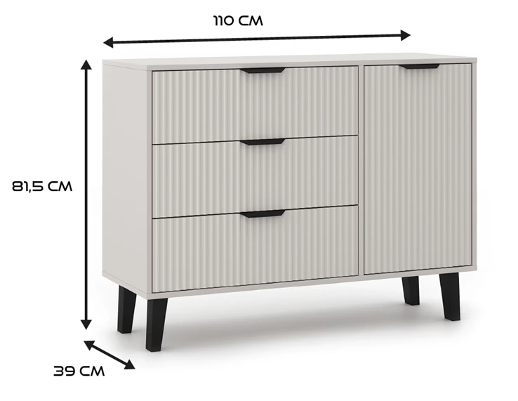 Komoda Scandi 1D3S Slim z szufladami i ryflowanymi frontami do salonu 110 cm kaszmir