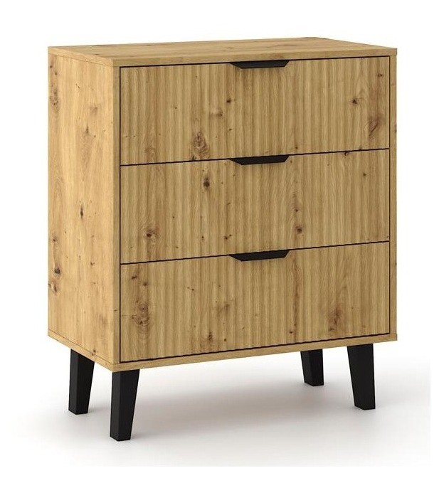 Komoda Scandi 3S Slim z szufladami i ryflowanymi frontami do salonu 70 cm dąb artisan