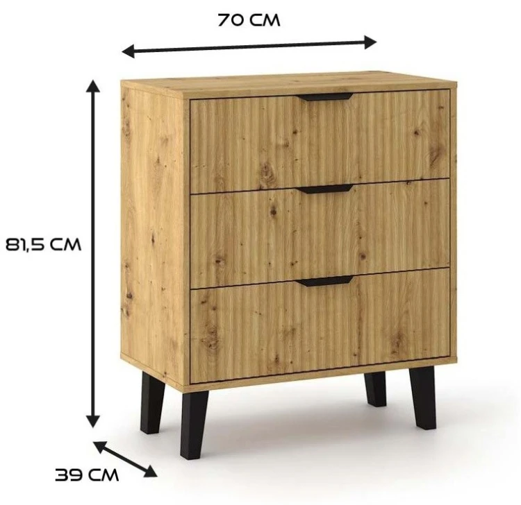 Komoda Scandi 3S Slim z szufladami i ryflowanymi frontami do salonu 70 cm dąb artisan