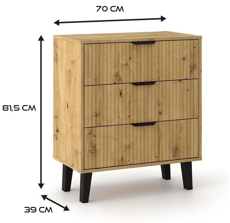 Komoda Scandi 3S Slim z szufladami i ryflowanymi frontami do salonu 70 cm dąb artisan