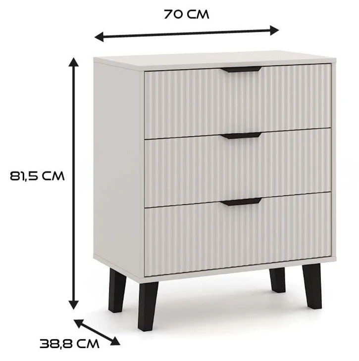Komoda Scandi 3S Slim z szufladami i ryflowanymi frontami do salonu 70 cm kaszmir