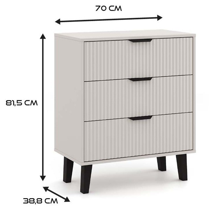 Komoda Scandi 3S Slim z szufladami i ryflowanymi frontami do salonu 70 cm kaszmir