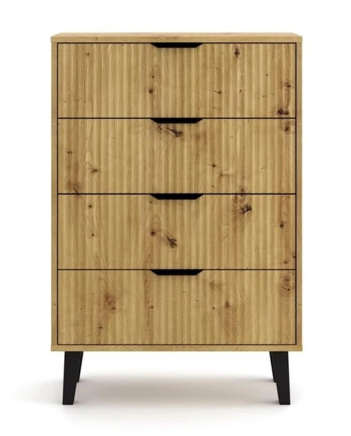 Komoda Scandi 4S Slim z szufladami i ryflowanymi frontami do salonu 70 cm dąb artisan