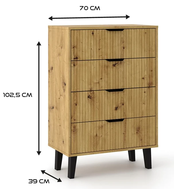 Komoda Scandi 4S Slim z szufladami i ryflowanymi frontami do salonu 70 cm dąb artisan