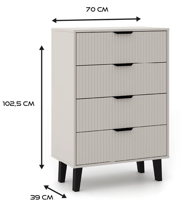 Komoda Scandi 4S Slim z szufladami i ryflowanymi frontami do salonu 70 cm kaszmir