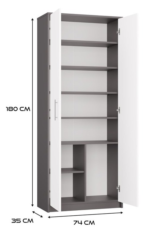 Regał biurowy Oliv 2D zamykany z półkami nowoczesny 74 cm antracyt/biały