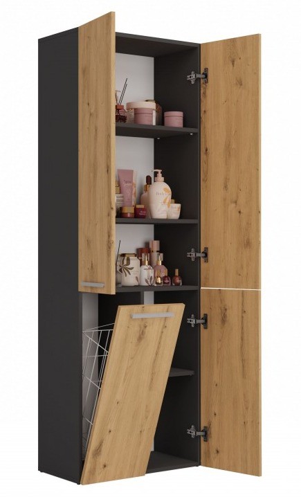 Szafka łazienkowa Nel DD-1K stojąca z koszem na pranie 60 cm antracyt/dąb artisan
