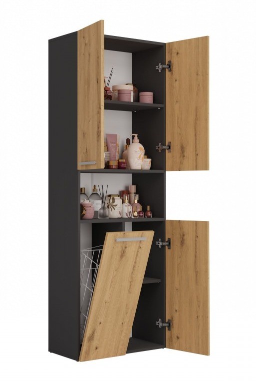 Szafka łazienkowa Nel DK-1K stojąca z koszem na pranie 60 cm antracyt/dąb artisan