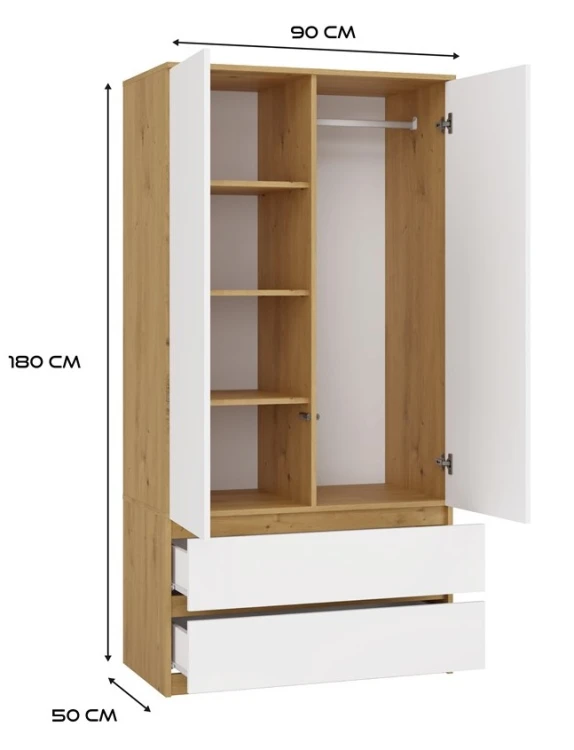 Szafa Malwa SS-90 dwudrzwiowa z szufladami 90 cm dąb artisan/biały