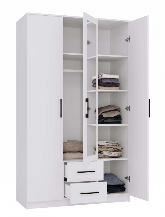 Szafa trzydrzwiowa Romana z lustrem i szufladami do sypialni 120 cm biała