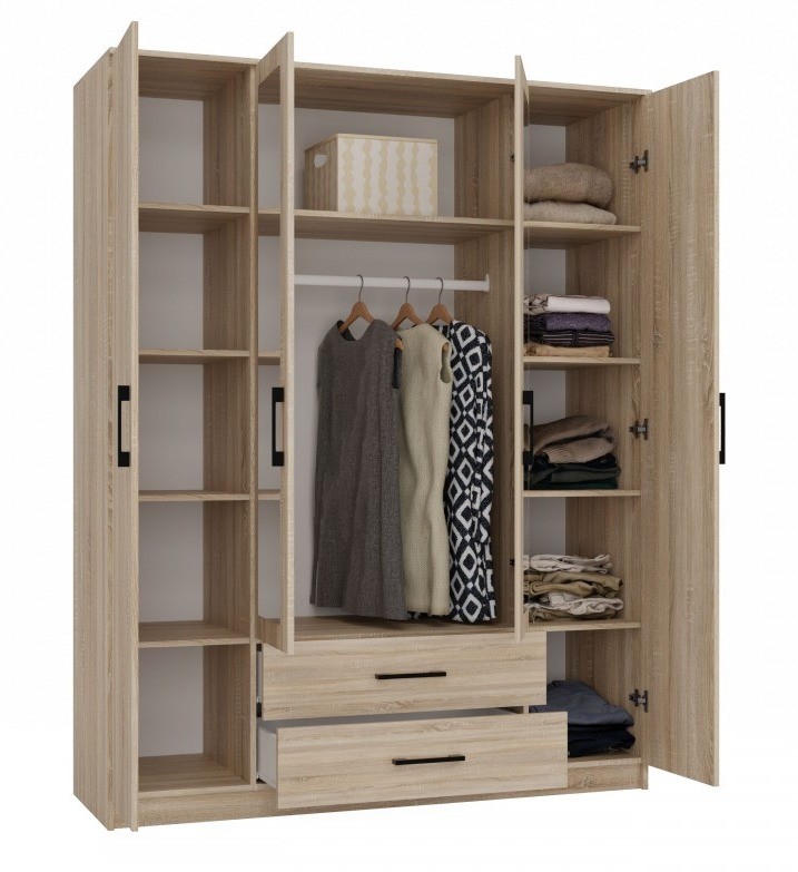 Szafa czterodrzwiowa Romana z lustrem i szufladami do sypialni 160 cm dąb sonoma