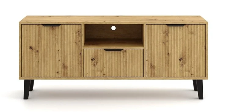 Szafka RTV Scandi Slim z ryflowanymi frontami 140 cm dąb artisan