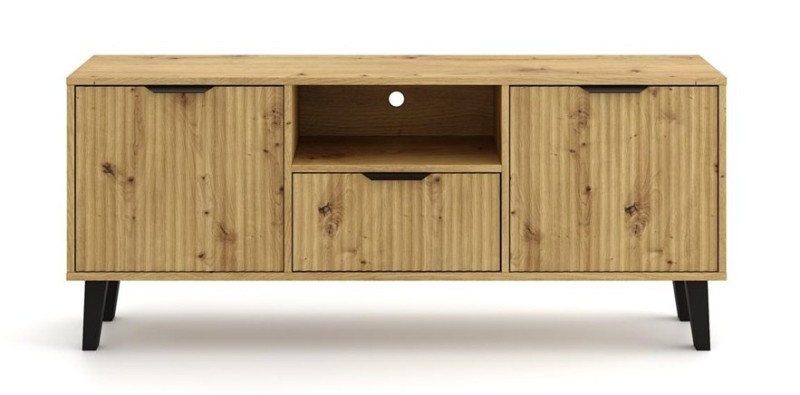 Szafka RTV Scandi Slim z ryflowanymi frontami 140 cm dąb artisan