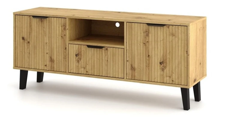 Szafka RTV Scandi Slim z ryflowanymi frontami 140 cm dąb artisan