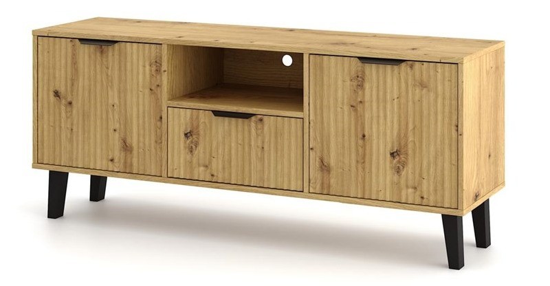 Szafka RTV Scandi Slim z ryflowanymi frontami 140 cm dąb artisan