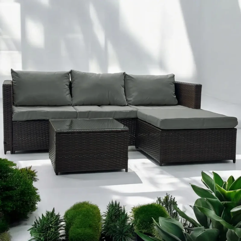 Narożnik ogrodowy z technorattanu dwustronny Ricoco + stolik Brąz