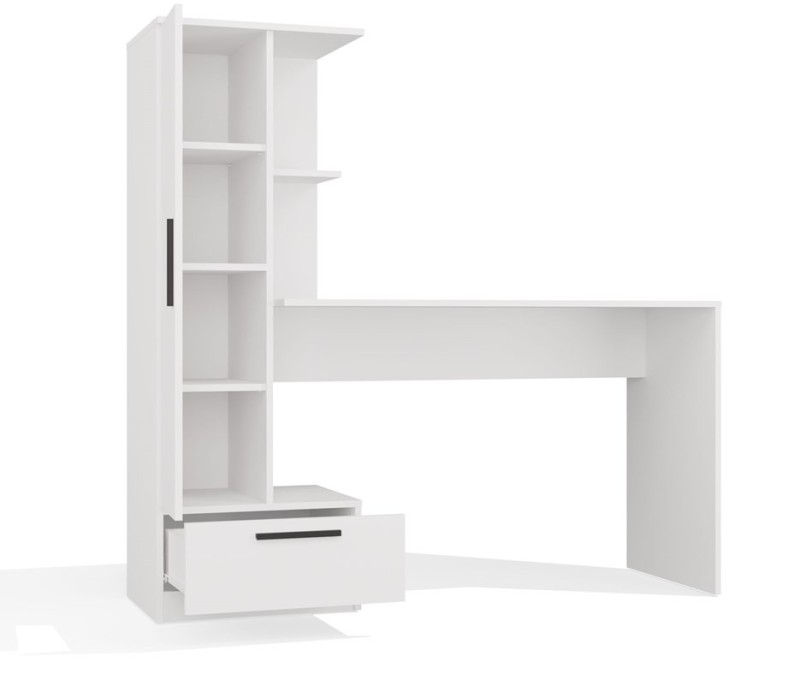 Biurko Cosmo z wysokim regałem i szufladą nowoczesne 143 cm białe