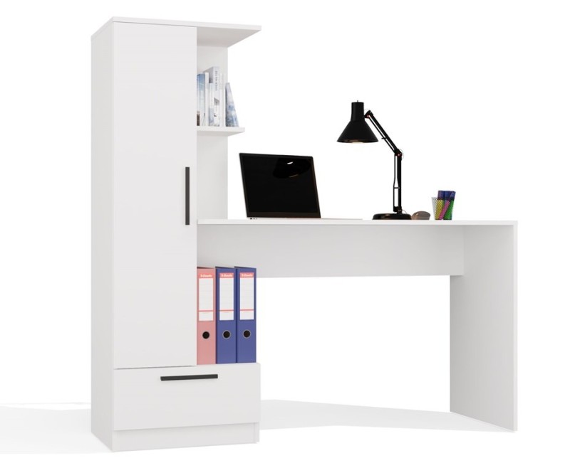 Biurko Cosmo z wysokim regałem i szufladą nowoczesne 143 cm białe