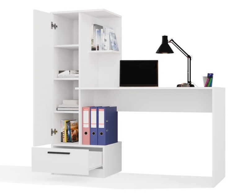 Biurko Cosmo z wysokim regałem i szufladą nowoczesne 143 cm białe