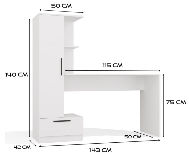 Biurko Cosmo z wysokim regałem i szufladą nowoczesne 143 cm białe